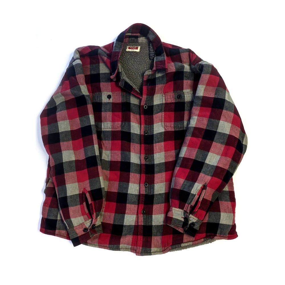 Wrangler Mens 2XL Sherpa Lined Flannel Shirt Jacket Red Buffalo Plaid (*Fair*)